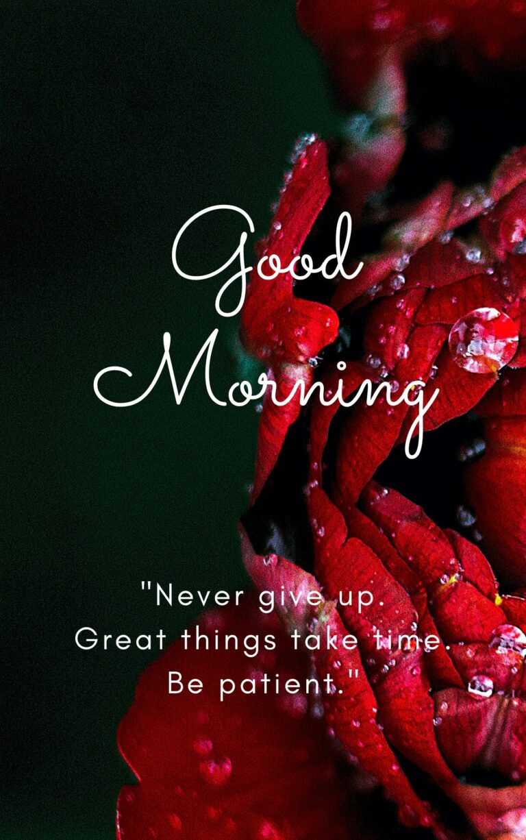 Good Morning Image with Flower and quote. Never Give up. Great things take time full HD free download.
